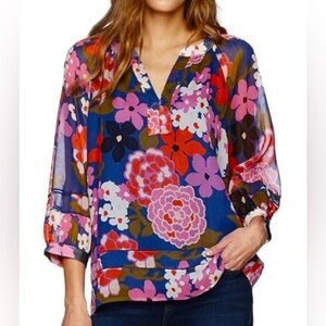 Trina Turk Chiffon Silk-lined Blouse, 3/4-sleeve, Floral, Women’s Large